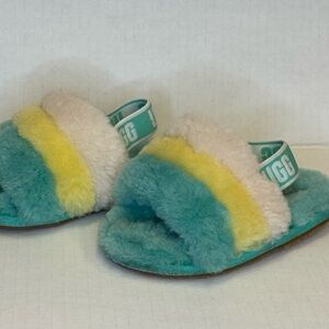 UGG child Fluff Yeah Slides baby girl size 7 - Teal, Yellow, Cream
